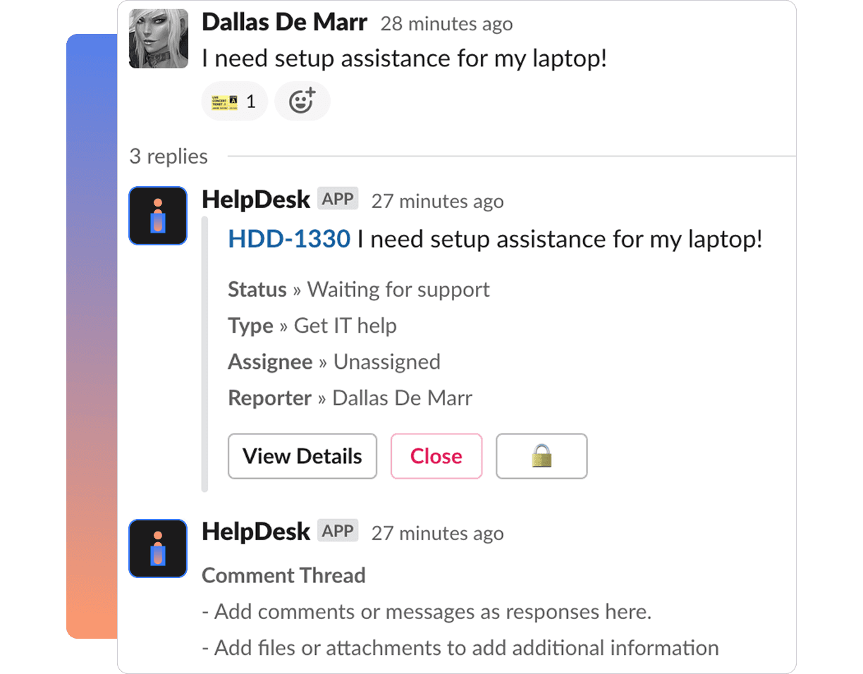 Slack conversation showing a user requesting laptop setup assistance, with the HelpDesk bot creating a support ticket (HDD-1330) and displaying its status as 'Waiting for support.