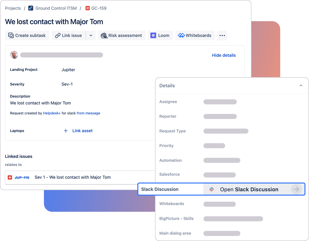 Slack interface displaying a Jira issue summary with actions such as comment, transition, assign, and join discussion, allowing direct issue management from Slack.