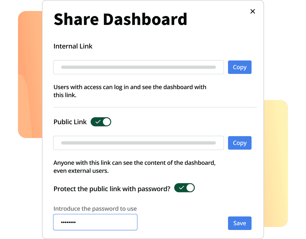 A share dashboard screen showing options for generating internal and public shareable links with password protection.