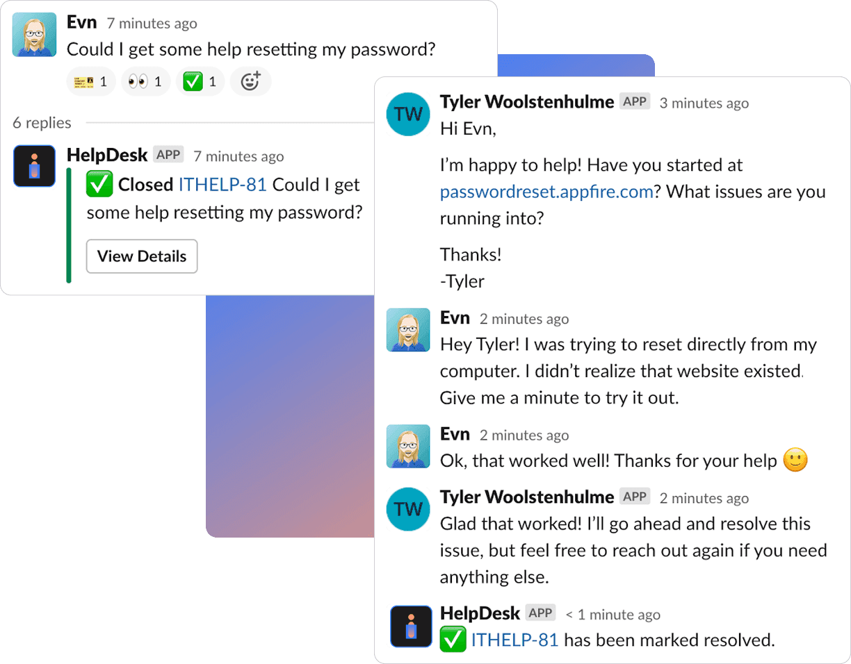 Slack conversation of a user requesting password reset help. The HelpDesk bot marks the request as closed after another user provides guidance to use passwordreset.appfire.com.