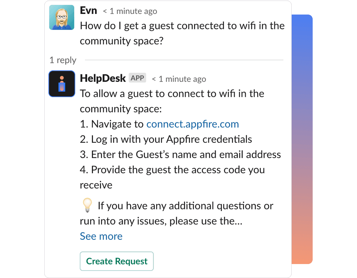 Slack conversation where a user asks how to connect a guest to Wi-Fi, and the HelpDesk bot provides step-by-step instructions, including a link to connect.appfire.com.