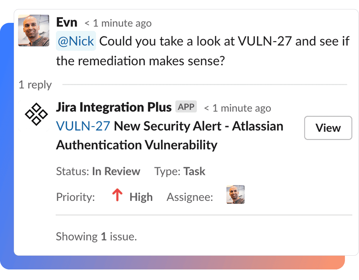 Jira ticket view showing a Slack integration with the option to open a linked Slack discussion directly from the issue details panel.
