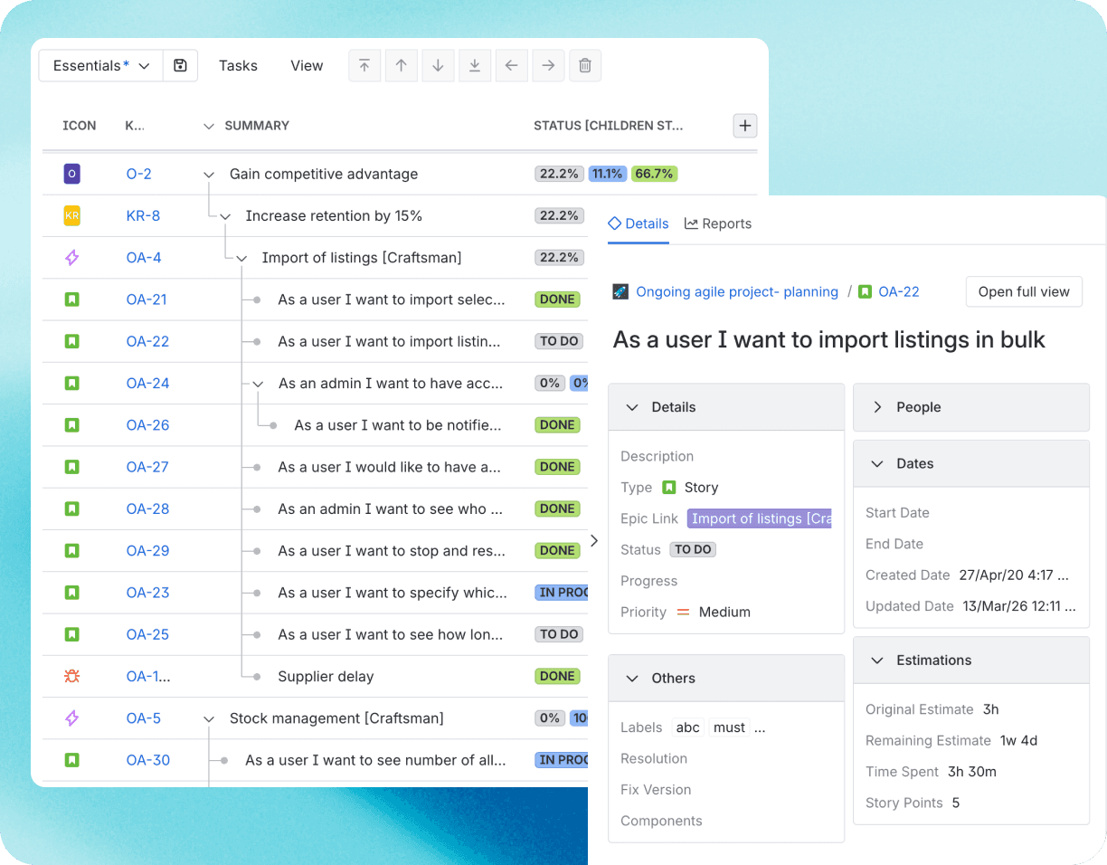 Align program increments, milestones, and delivery cycles with active Jira work, ensuring plans reflect current execution.